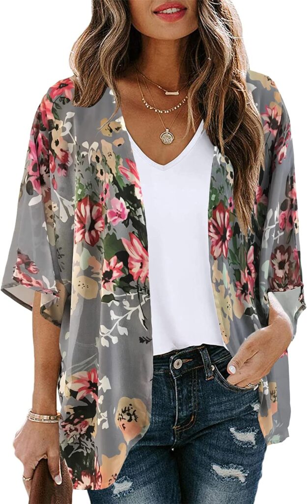 Womens Floral Print Puff Sleeve Kimono Cardigan Loose Cover Up Casual Blouse Tops Womens Floral Print Puff Sleeve Kimono Cardigan Loose Cover Up Casual Blouse Tops