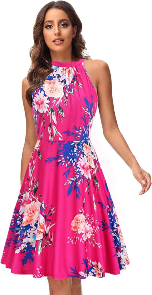 OUGES Womens 2024 Halter Neck Floral Summer Casual Sundress Womens 2024 Halter Neck Floral Summer Casual Sundress